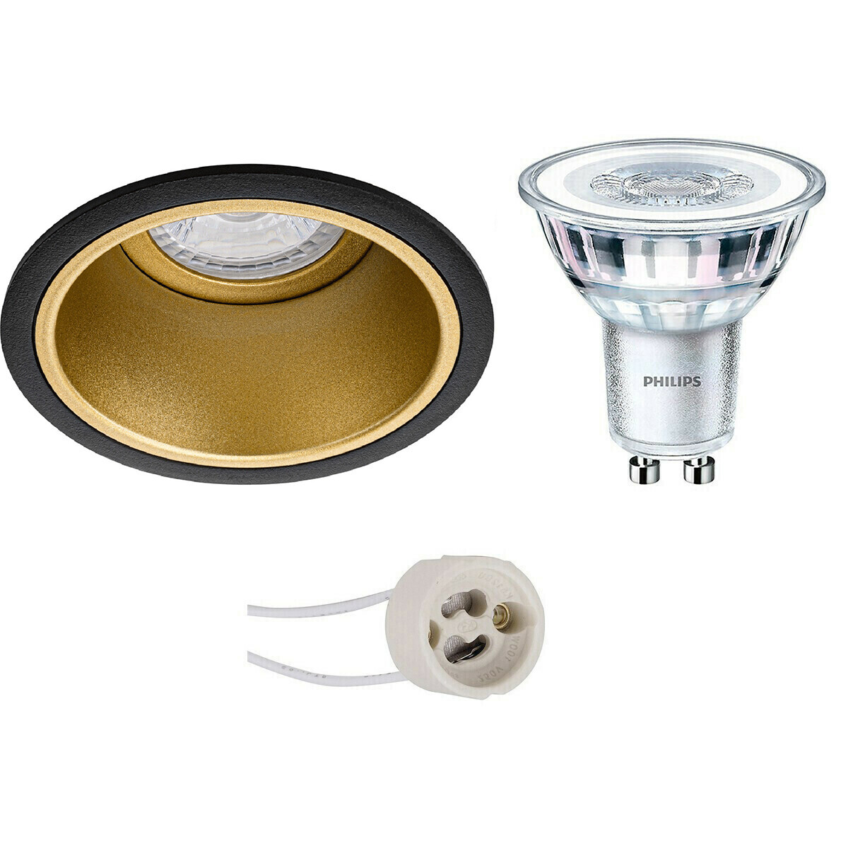 BES LED LED Spot Set - Pragmi Minko Pro - GU10 Fitting - Inbouw Rond - Mat Zwart/Goud - Verdiept - Ø90mm - Philips - CorePro 827 36D - 4.6W - Warm Wit 2700K