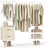 SONGMICS Kledingrek, open kledingkast, garderobestandaard, zeer belastbaar, 1 uittrekbare stang, 2 laden, 4 planken, voor slaapkamer, ruimtebesparend, natuurlijk beige