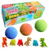 Zimpli Kids - 3 badbommen verrassing, 6 dinosaurusspeelgoed om te verzamelen, schuimbadspeelgoed voor Kerstmis, om kerstkousen te vullen, kerstcadeau, zilveren zakspeelgoed