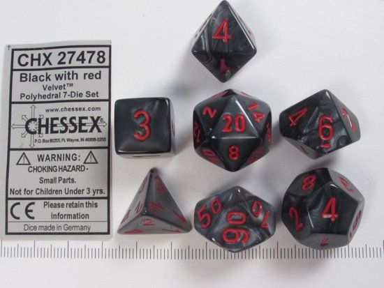 Chessex Dice Set - Velvet Black with Red Polyhedral Dice - 7 Pieces