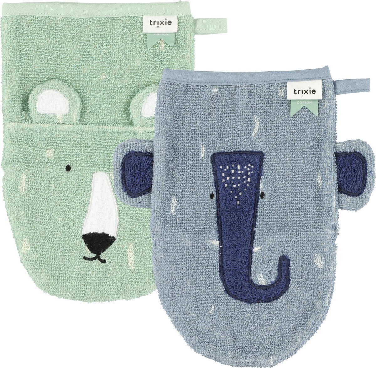 TRIXIE Mr. Polar Bear - Mrs. Elephant baby washandje - set van 2 blauw/groen