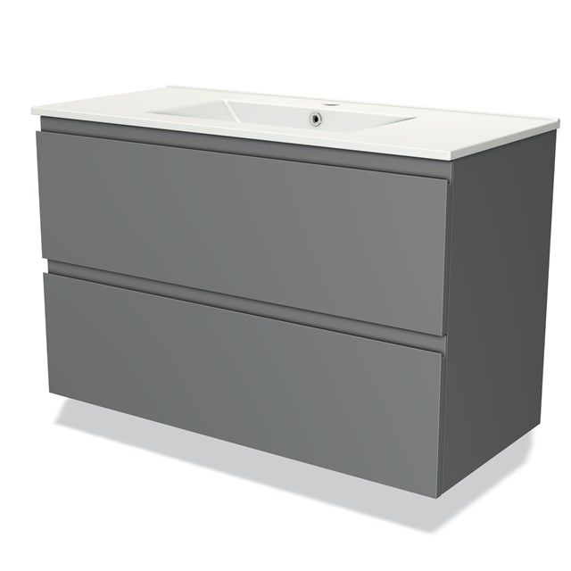 Maxaro Badkamermeubel 100cm Modulo Middengrijs 2 Lades Greeploos Wastafel Keramiek