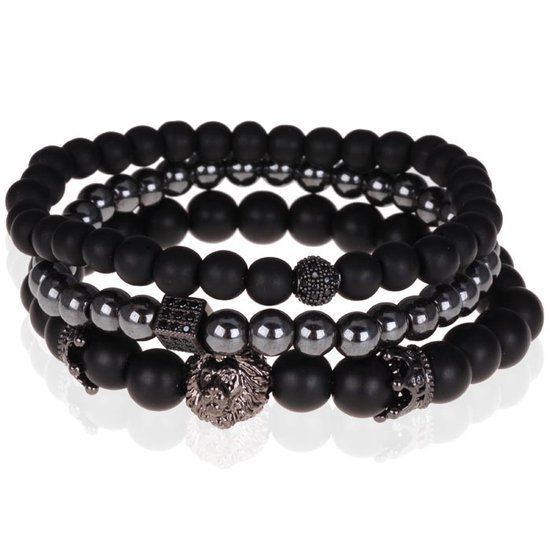 Memphis Heren armband trio Memphis kralen Zwart Agaat Leeuw