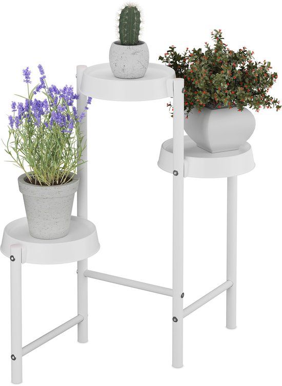 Merkloos Relaxdays plantenstandaard binnen, 3 etages, metaal, kunststof, H x B x D: 61 x 55 x 30 cm, wit