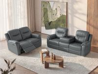 Vente-unique Driezits- en tweezits relaxbank EVASION van leer - grijs - met barblad