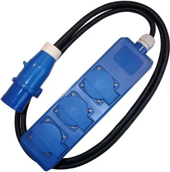 SHI CEE Camping verlengsnoer met stekkerdoos - Lengte 5 meter - 3 stopcontacten met randaarde - 3x1.5mm² - IP44 - Belastbaar tot 3500 watt - Blauw