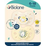 BIOLANE - Anatomische spenen van dieren- Extra fijne fopspenen - 6 tot 18 maanden - Geel en beige - Platte en omkeerbare speen - Optimaal comfort - Respect voor de mondontwikkeling- Hernieuwbare