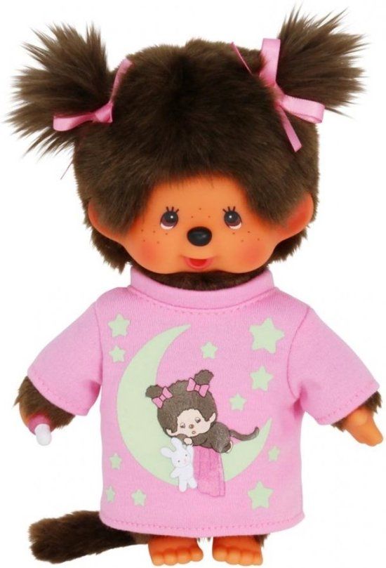 Monchhichi Glow in the Dark Meisje - 20cm - Bruin Pluche Aap met Roze Slaapshirt