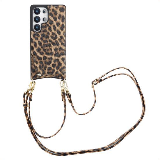 Selencia Hoesje - Geschikt voor Samsung Galaxy S25 Ultra - Backcover met koord en pashouder - Leopard