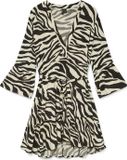 Vero Moda VMMELBA Korte jurk met ceintuur, V-hals, driekwart pofmouw, zebraprint, A-lijn, viscose, oatmeal, S