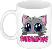 Bellatio decorations Koffie/Thee Mok - Poes/Kat - Miauw - Grijs - 300 ml - Keramiek