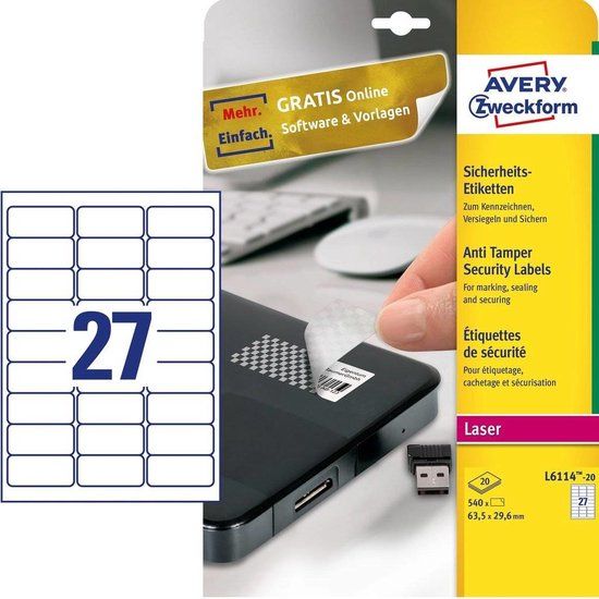 Avery-Zweckform L6114-20 Etiketten 63.5 x 29.6 mm Polyester folie Wit 480 stuk(s) Permanent Veiligheidsetiketten, Unive