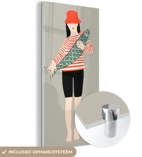 MuchoWow® Glass Painting 60x120 cm - Acrylic Glass Painting - Woman - Fish - Vintage - Photo on Glass - Paintings