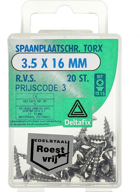 Deltafix Spaanplaatschroef platkop / torx r.v.s. a2 3.5 x 16 mm 20 st.