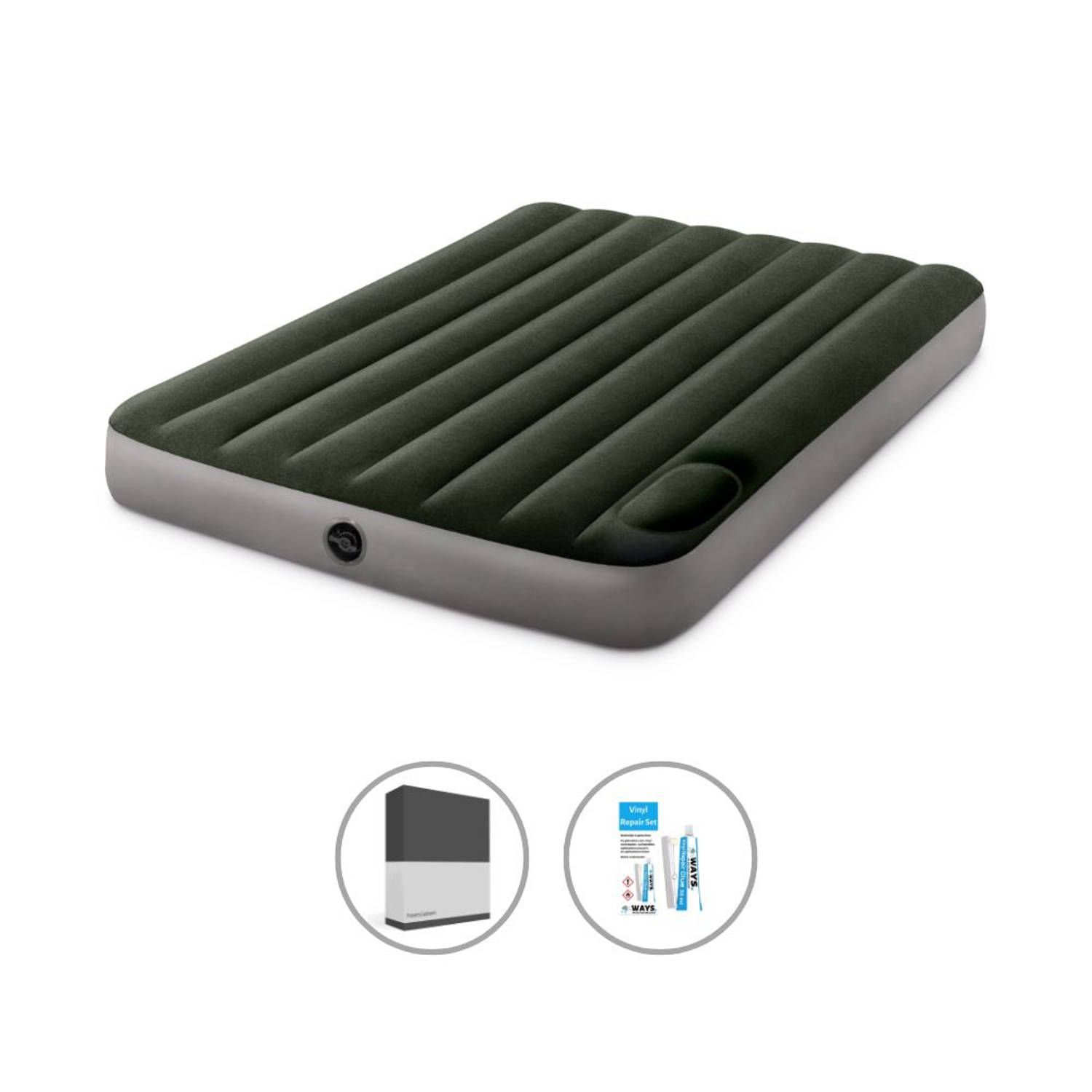 Intex Luchtbedset Twijfelaar 137 x 191 x 25 cm Groen - Met ingebouwde voetpomp + Hoeslaken Zwart + Reparatieset