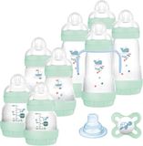 MAM Set van 8 flesjes Easy Start Anti-Colica met speen van Skinsoft siliconen, 1 fopspeen Original Start, 1 extra zachte snavel en handgrepen, lichtblauw