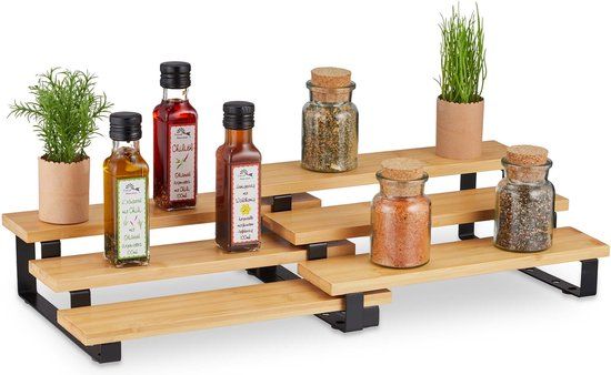 Merkloos Relaxdays Kruidenrek - Uitschuifbaar - Bamboe - 11,5 x 32 x 24,5 cm - 3 Lagen - Staand - Natuur
