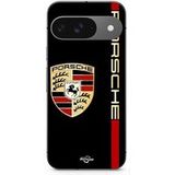 Google Pixel 9 Hoesje PORSCHE rood en goud logo zwarte achtergrond Maniacase