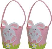 Decoris Paasmandjes met Paashaas - 2x - vilt - roze - D15 x H31 cm