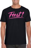 Bellatio Decorations T-shirt voor heren - Zwart/Roze Glitter - Maat M