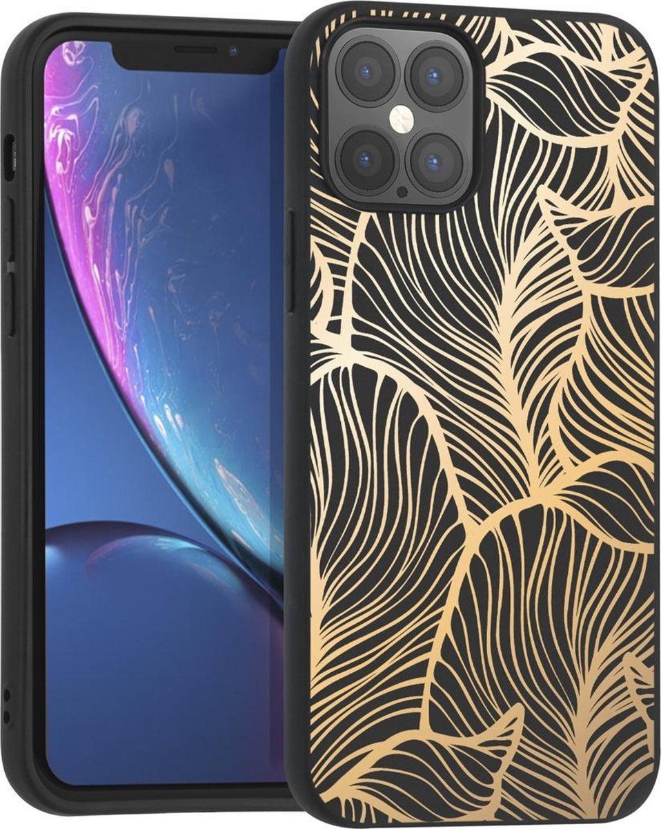 imoshion Design iPhone 12 (Pro) hoesje - Bladeren - Goud / Zwart