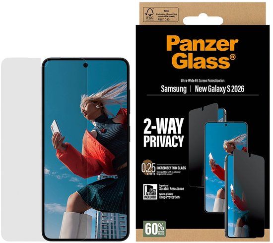 PanzerGlass Screenprotector geschikt voor Samsung Galaxy S26 Glazen | PanzerGlass Ultra-Wide Fit Privacy Screenprotector Privacy - Case Friendly - Zwart