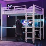 Lit Mezzanine 140x200 Avec Bureau Et Étagère, Lit Surélevé Adulte Ado En Métal Blanc Avec Escalier De Sécurité Et Barrière En Maille