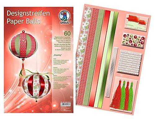 Ursus 23360099 Designstrepen Paper Balls Country, materiaal voor maximaal 6 papieren ballen, diameter ca. 10 cm, 60 strepen met accessoires, ideaal voor het knutselen van individuele kerstballen