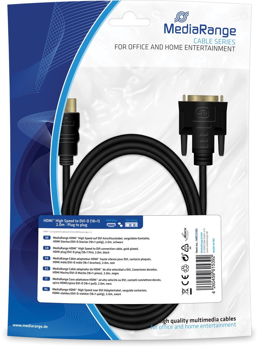 MediaRange HDMI naar DVI Adapterkabel - HDMI-stekker/DVI-D-stekker 18+1-polig