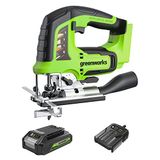 Greenworks GD24JSK2 Accu Decoupeerzaag met 2 Bladen, 3000 Spm, Verstelbaar Voetstuk Tot 45°, Stofzuiger Opzetstuk PLUS 24V 2Ah Accu en Oplader, 3 Jaar Garantie
