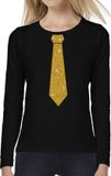 Bellatio Decorations Shoppartners Bv Stropdas print gouden glitters - t-shirt met lange mouwen - zwart - voor dames - party verkleedkleding - carnaval - glamour XXL