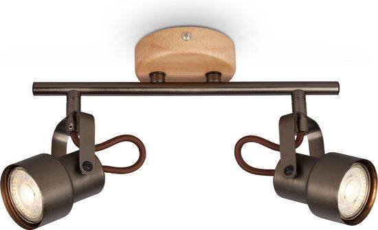 Briloner Leuchten TAHUN LED Spot - Vintage - 2-lichts - Metaal/Hout - Grijs - GU10 - 3000K