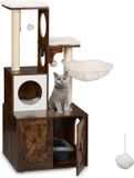Relaxdays Krabpaal met kattenbak ombouw - 128x95x52 cm - Hangmat - Industrieel - Bruin-Wit