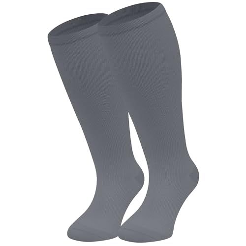 360 Relief Compressiekousen - 1 paar grote maat compressiekousen effen kleur dames en heren - ideaal voor vluchten, reizen en sport - 3XL grijs met mesh waszak