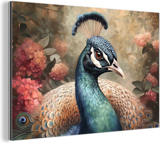 MuchoWow Aluminium Schilderij Industrieel - Pauw - Vogel - Bloemen - Planten - Pauwenveren - 90x60 cm - Dibond