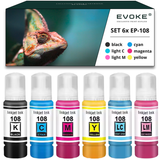 Evoke Compatible Ink for Epson 108 6X Photo: Black, Cyan, Magenta, Yellow, Light Cyan, Light Magenta 420 ml 39600 Pages Ecotank L8050 L18050