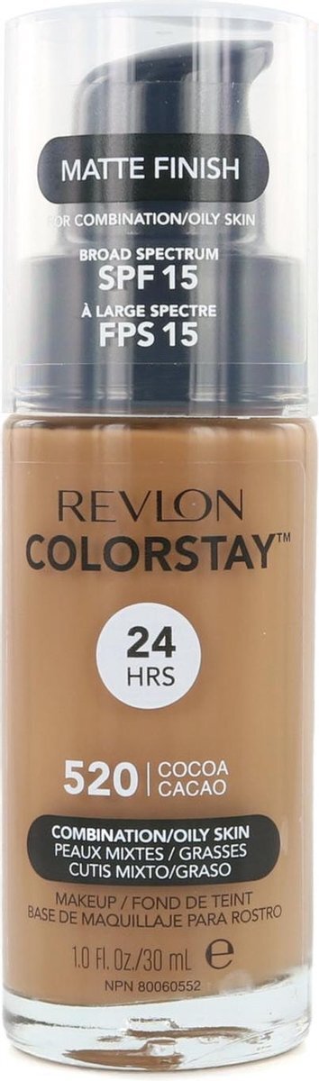 Revlon Colorstay Liquid Foundation Make-up voor combinatie/vette huid SPF 15, longwear medium volledige dekking met matte afwerking, cacao (520), 30 ml
