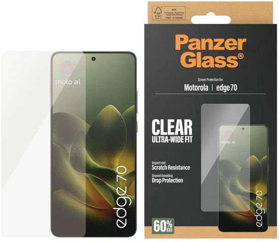 PanzerGlass Ultra-Wide Fit Anti-Bacterial Screenprotector incl. applicator voor de Motorola Edge 70