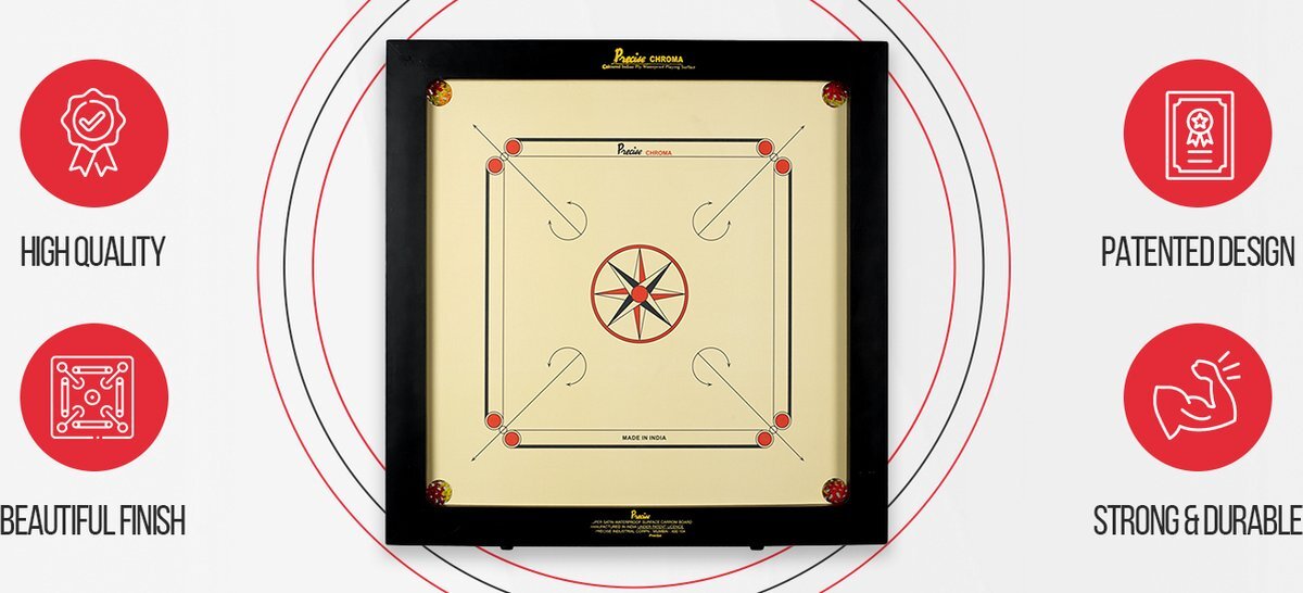 Precise Carrom Precise Super Satin 82x82 cm - 8 kgs - 6 mm - Carrom bord - Compleet met Striker Poeder Schijven - Made in India Top Kwaliteit Klasse en Geweldig