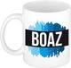 Bellatio Decorations Boaz naam cadeau koffie mok - beker - met blauw verfstrepen - Cadeau collega - vaderdag - verjaardag - meester - coach - 300 ml - wit