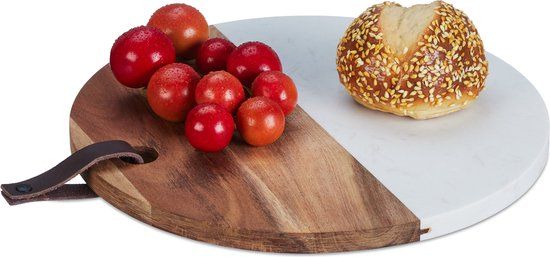 Merkloos Relaxdays Ronde snijplank van marmer en hout, H x D 1,5 x 25 cm, ontbijtplank om op te hangen, natuur/wit