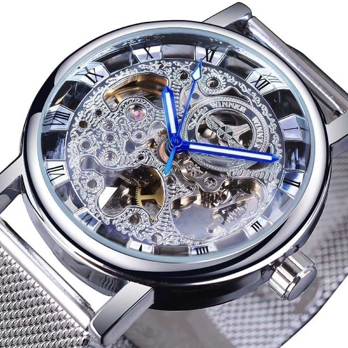 Winner Winner Gouden Kast Luxe Horloge voor Heren - Mesh Bandje Transparant Mechanisch Skelet Zilver