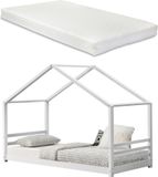 [en.casa] Kinderbed met lattenbodem, spijlen en matras, 90x200 cm. Houten huisbed, wit.