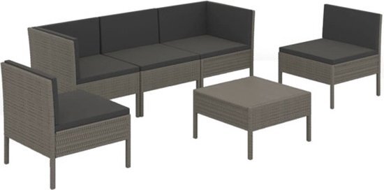 vidaXL 6-delige Loungeset met kussens poly rattan grijs