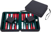 Engelhart Backgammon 9 inch - Groen, Rood & Wit Ingelegd Bord - Zwarte Zipper - Compact Reisspel