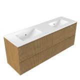 Saniclass meuble de salle de bain - 160x45x62cm - lavabo en céramique Vygo blanc - 2 vasques - 2 trous de robinet - 4 tiroirs - chêne mat naturel