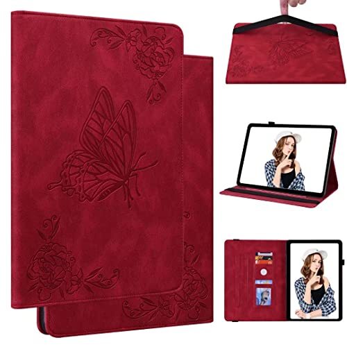 TUUNKMUY Voor Samsung Galaxy Tab A8 10.5 2021 hoesje, PU lederen vlinder case standfunctie Folio Flip Cover Portemonnee Kaartsleuf Case met Penhouder Beschermende Tablet Case Rood