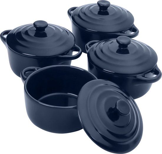 Belle Vous Mini-Keramische Stoofpot Oven Veilige Pannetjes met Deksel (4 Pak) - 170 ml Rond Blauwe Schotels Steenwaren Ramequins met Deksels en Handvatten voor Bakken, Souffle, Creme Brulee & Lasagne