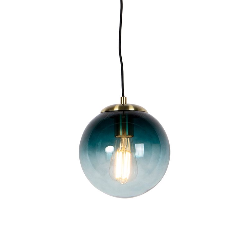 QAZQA Pallon - Hanglamp - Ø 20 cm - Messing/Blauw Glas - Art Deco