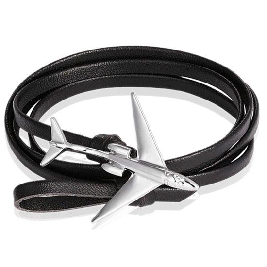 LGT JWLS LGT Jewels Wrap armband Heren Leer Vliegtuig Anker Zwart Zilverkleurig